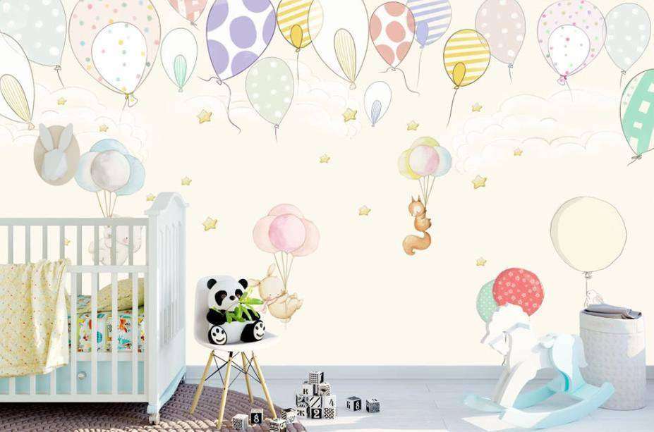Фотообои в интерьере воздушные шарики и милые животные  15-297 фото