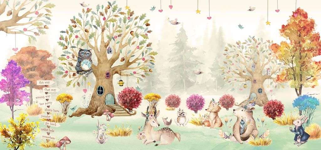 Фотообои в интерьере красочный лес с животными  14-254 фото