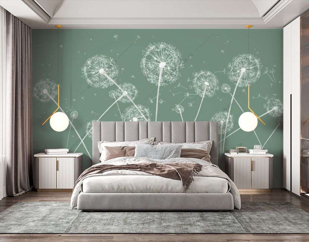 Фотообои в интерьере одуванчики на зелёном фоне  14-526 фото