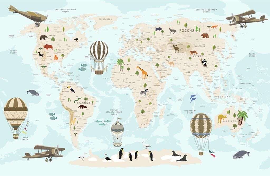 Фотообои в интерьере карта мира голубая  12-1006 фото