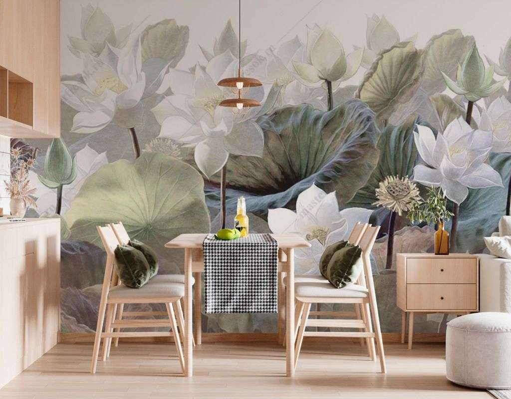 Фотообои в интерьере лотосы на белом фоне  9-1637 фото