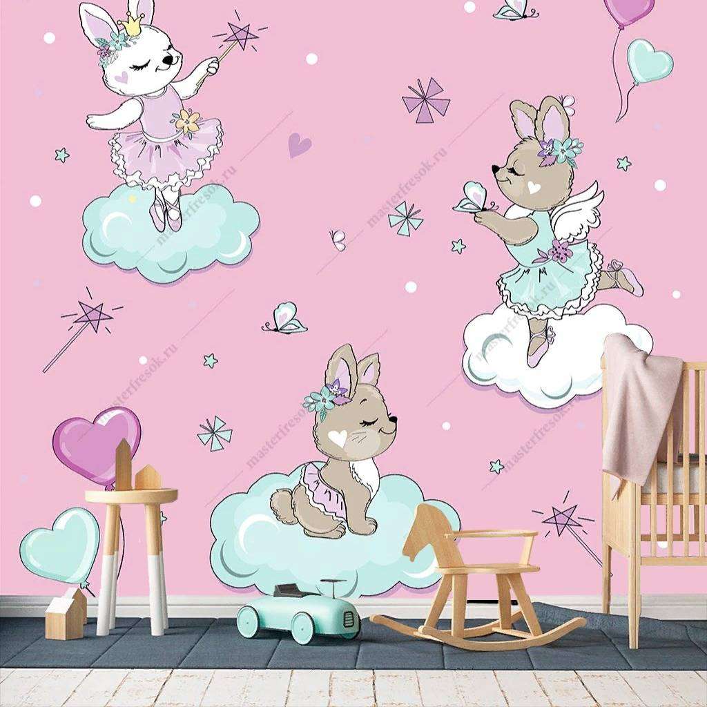 Фотообои в интерьере зверята на облаках на розовом фоне  12-419 фото