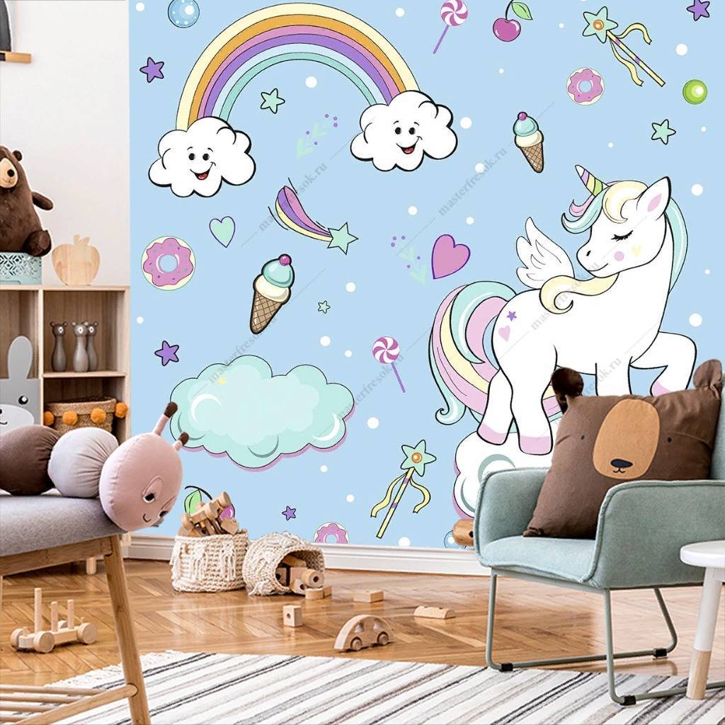 Фотообои Единорог на облаках на голубом фоне  12-417