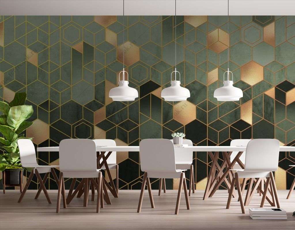 Фотообои в интерьере геометрия шестиугольники золотые  9-1511 фото