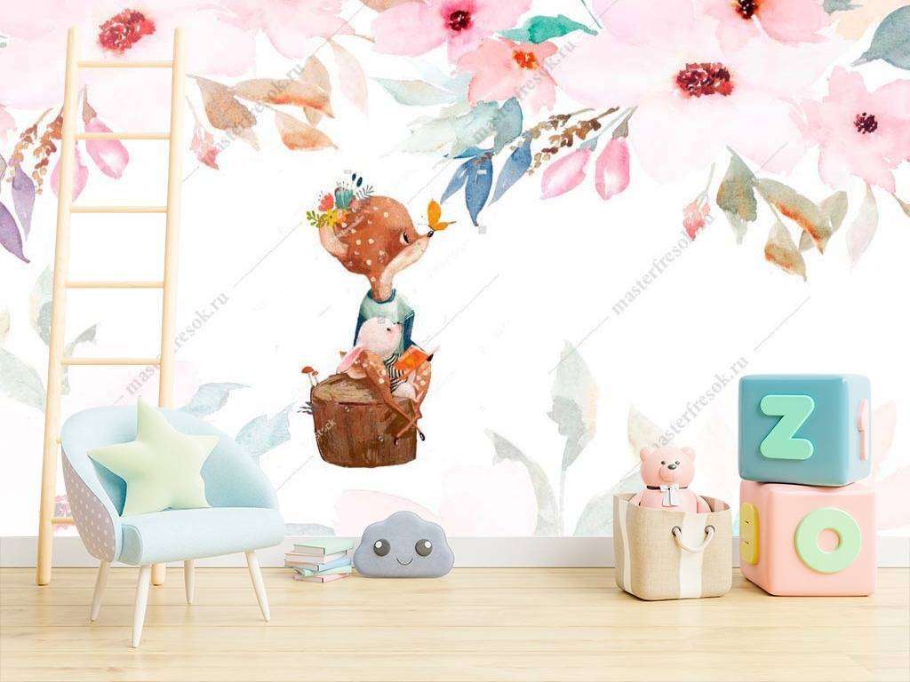 Фотообои в интерьере олененок и бабочка  14-016 фото