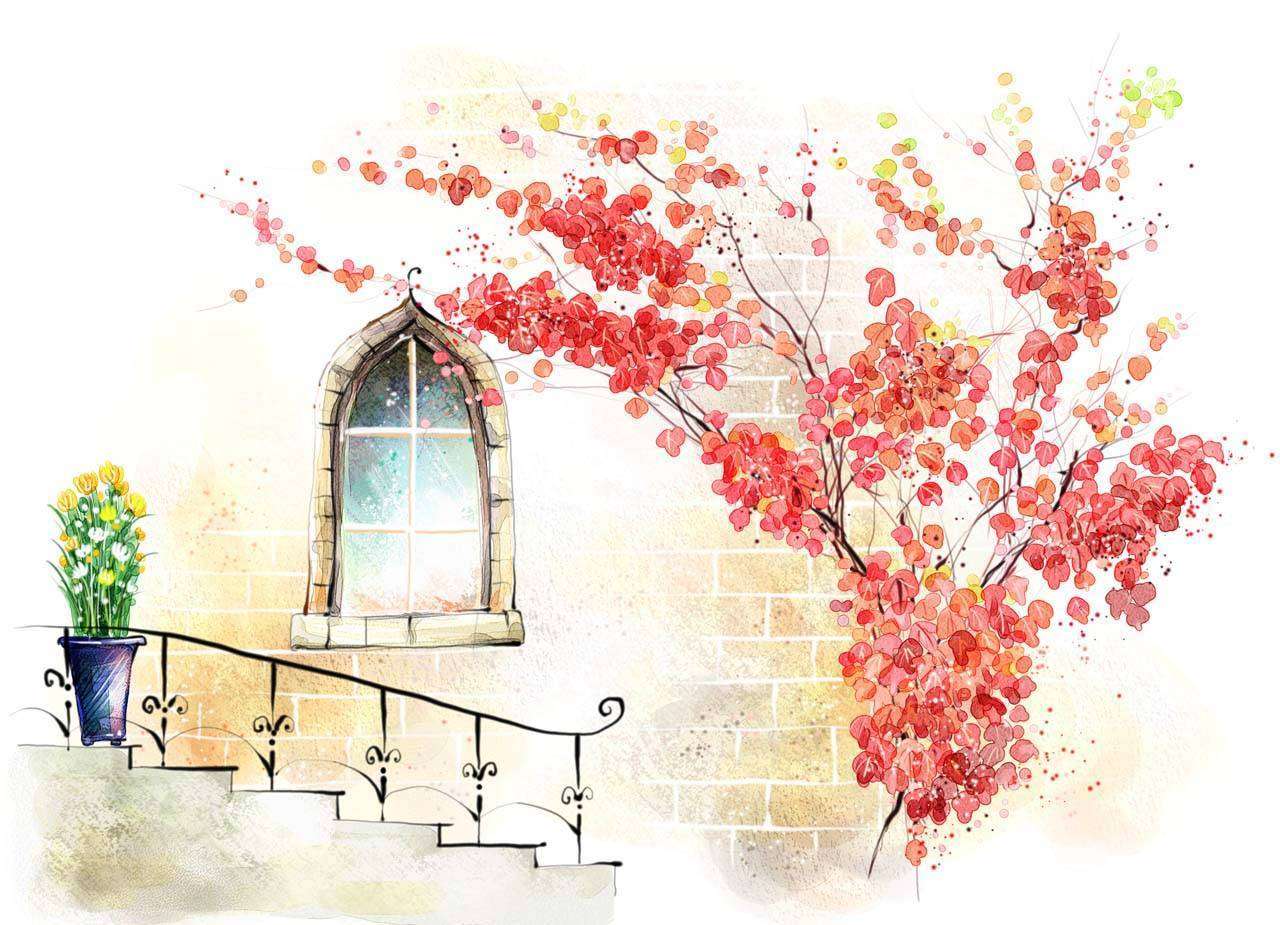 Фотообои в интерьере ветки красного дерева у окна  12-308 фото