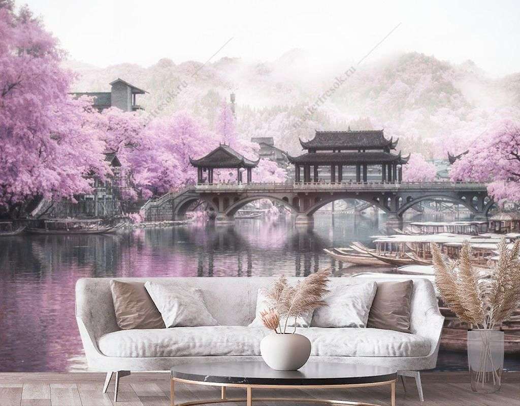 Фотообои в интерьере цветущий японский сад  9-1679 фото