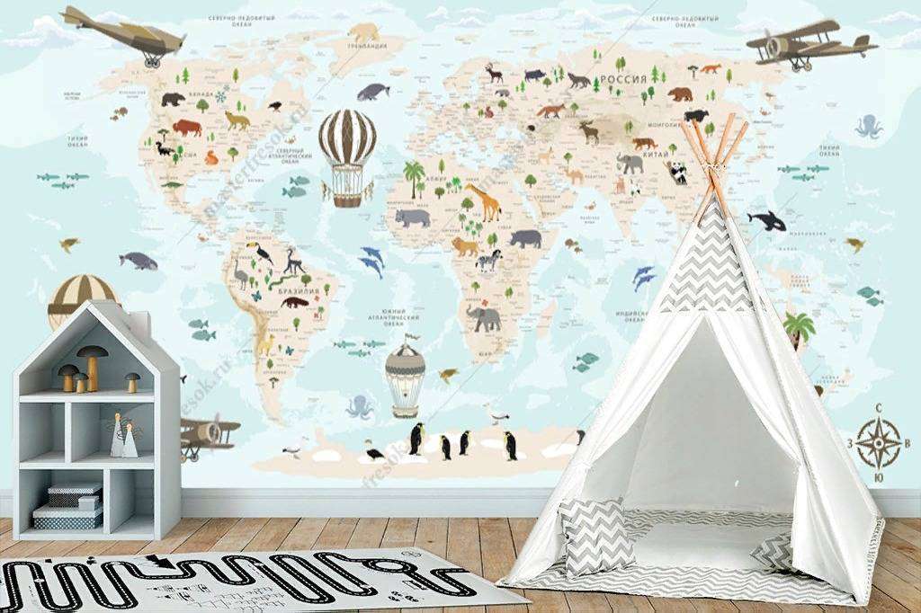 Фотообои в интерьере карта голубая в детскую  12-1007 фото