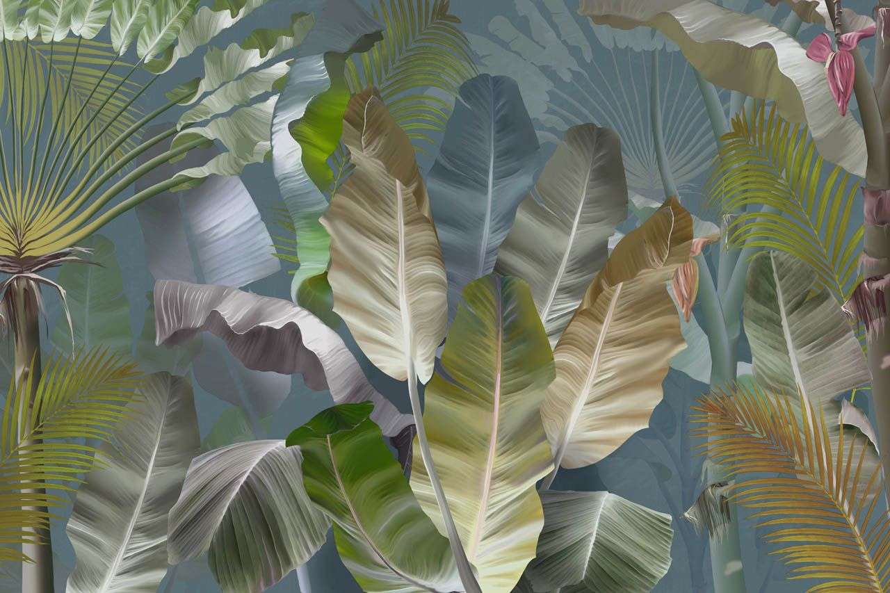 Фотообои в интерьере в гостиную банановые листья   13-676 фото