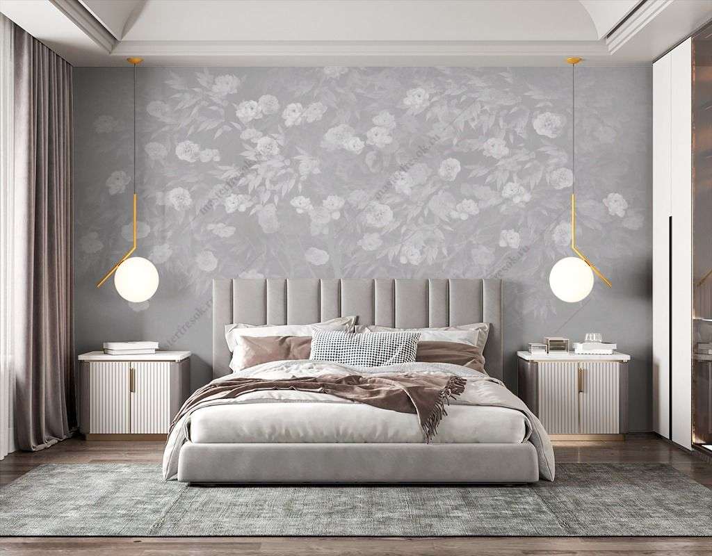 Фотообои в интерьере дерево цветущее на сером фоне  13-586 фото