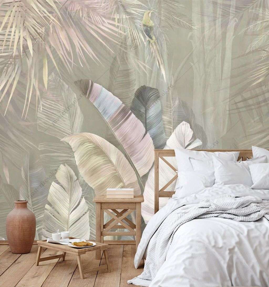 Фотообои в интерьере банановые листья и птица на сером фоне  14-622 фото