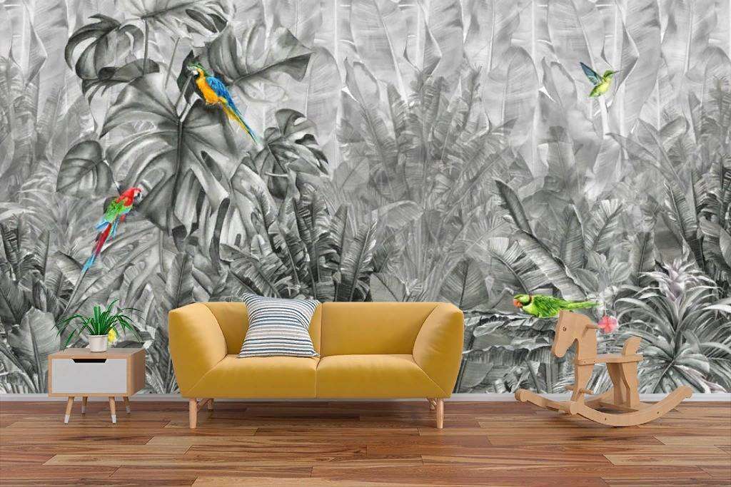 Фотообои в интерьере тропики в серых тонах  14-137 фото