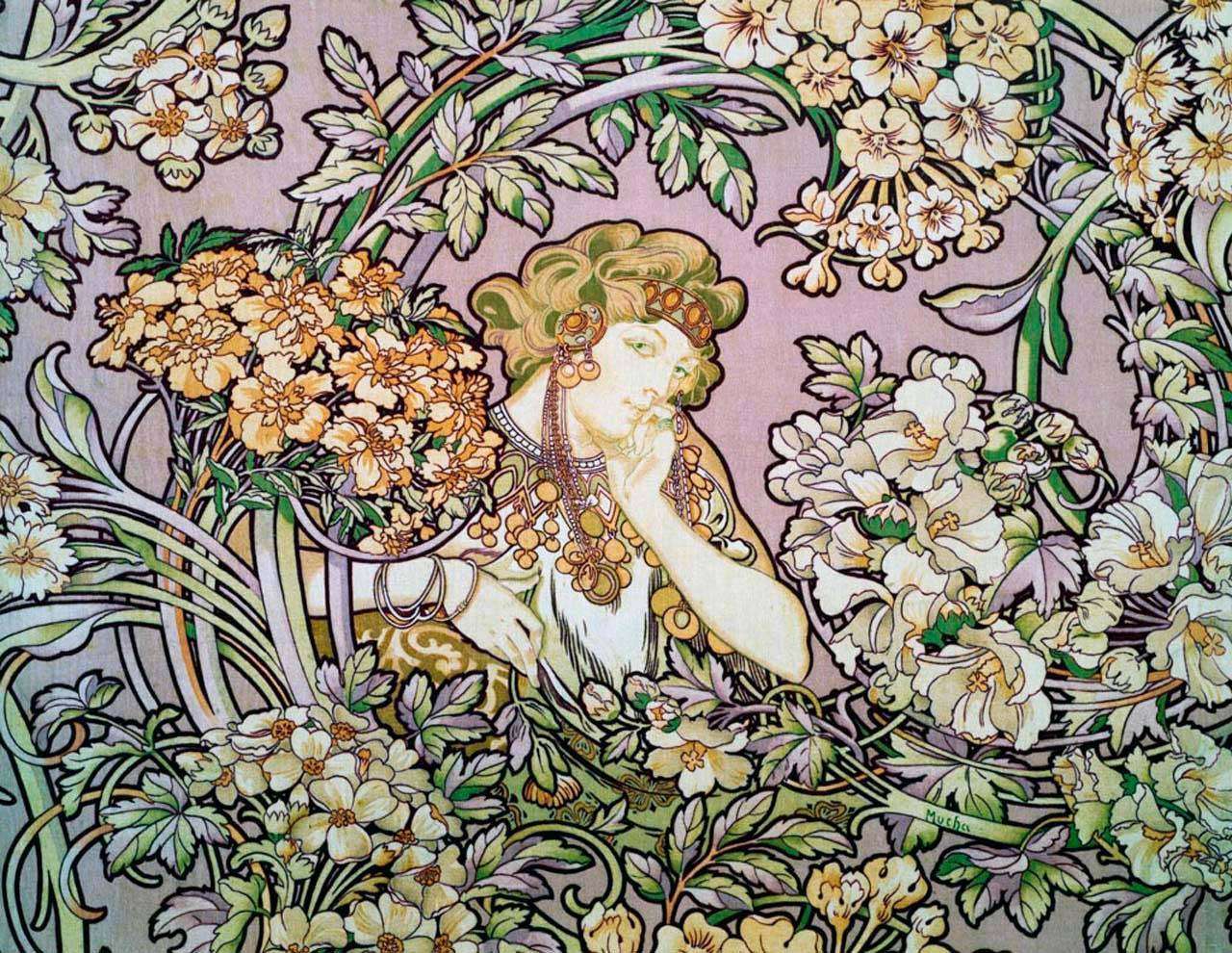 Фотообои в интерьере альфонс мариа муха - девушка и цветы  8-242 фото