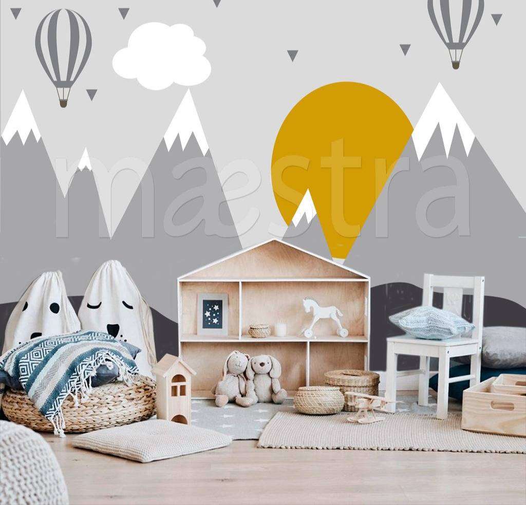 Фотообои в интерьере горы с оранжевым солнцем  12-442 фото