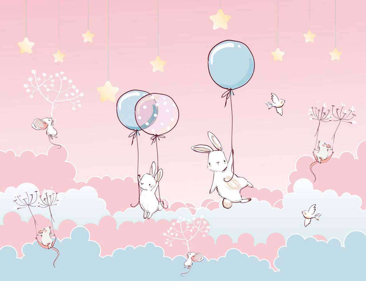 Фотообои в интерьере зайцы и мыши летят на шарах на розовом фоне  12-409 фото