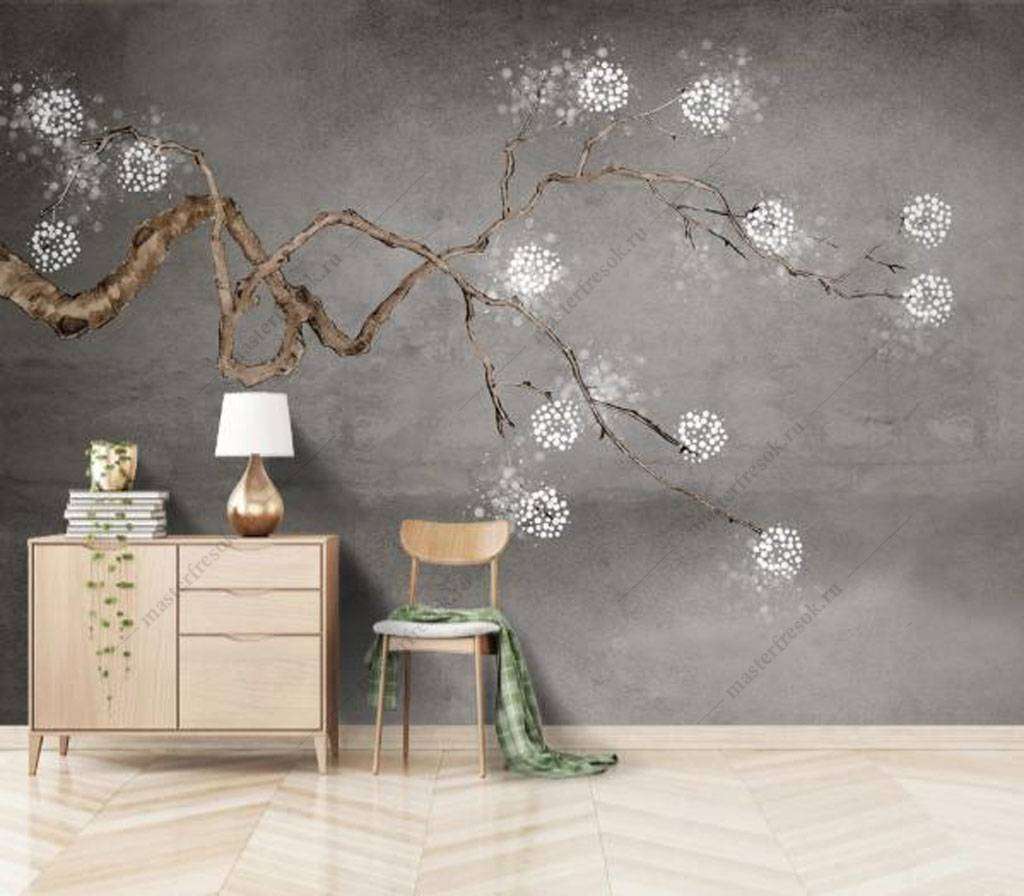 Фотообои в интерьере веточка с белыми цветами  15-897 фото