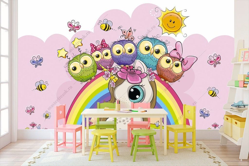 Фотообои Совята и единорожка мультяшка  12-1293