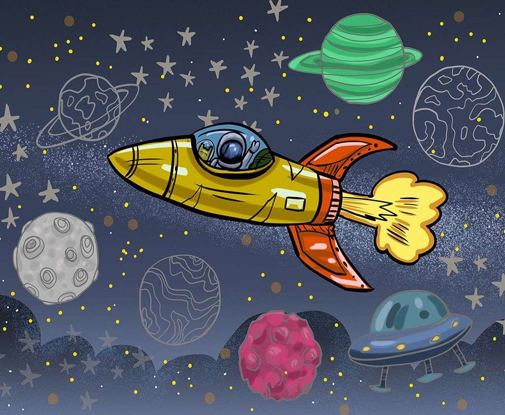 Фотообои в интерьере космос с желтой ракетой  14-661 фото