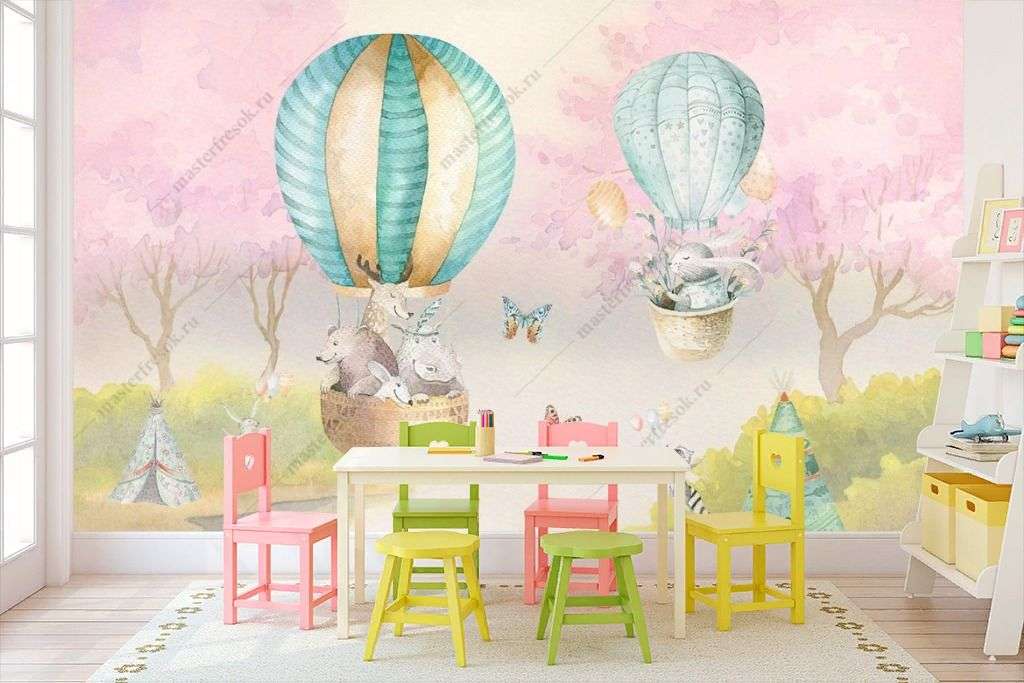 Фотообои в интерьере акварельный лес с животными на воздушных шарах  14-315 фото