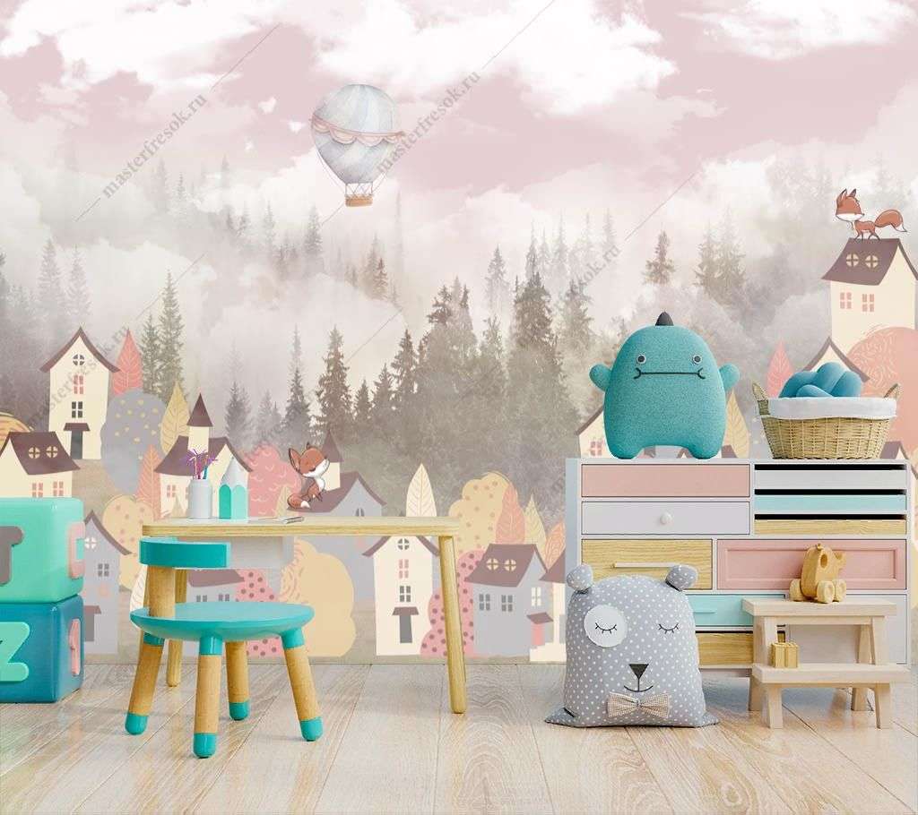 Фотообои в интерьере детский город в красках  14-236 фото