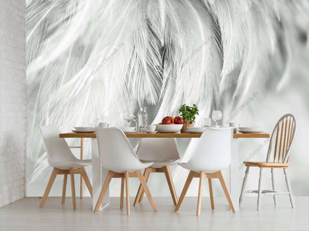 Фотообои в интерьере фон из белых перьев  9-1223 фото