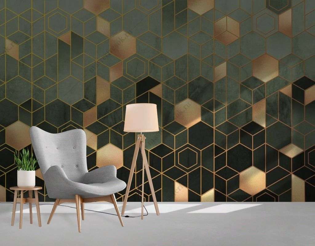 Фотообои в интерьере геометрия шестиугольники золотые  9-1511 фото