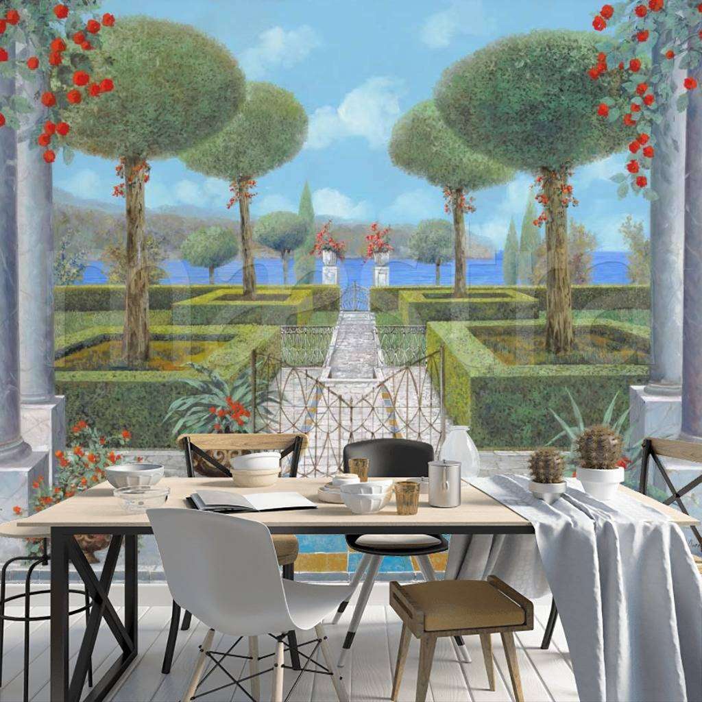 Фотообои в интерьере вид на колонны с выходом в парк  8-058 фото