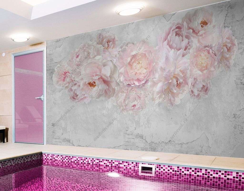 Фотообои в интерьере пионы на мраморном фоне  14-369 фото