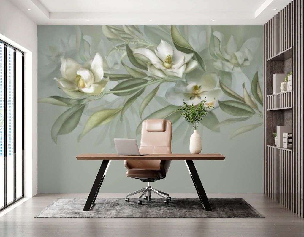 Фотообои в интерьере цветы на оливковом фоне  14-799 фото