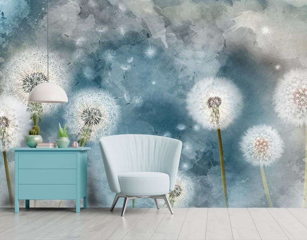 Фотообои в интерьере одуванчики на синем фоне  14-476 фото
