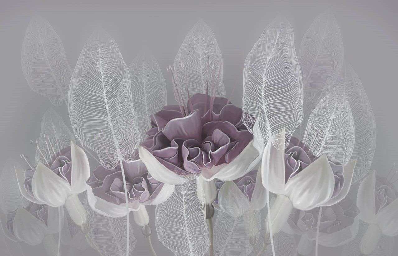 Фотообои в интерьере в спальню роза в листьях   13-658 фото