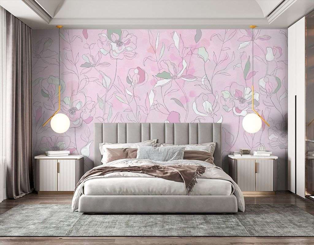 Фотообои в интерьере фон розовый с листьями  9-1990 фото