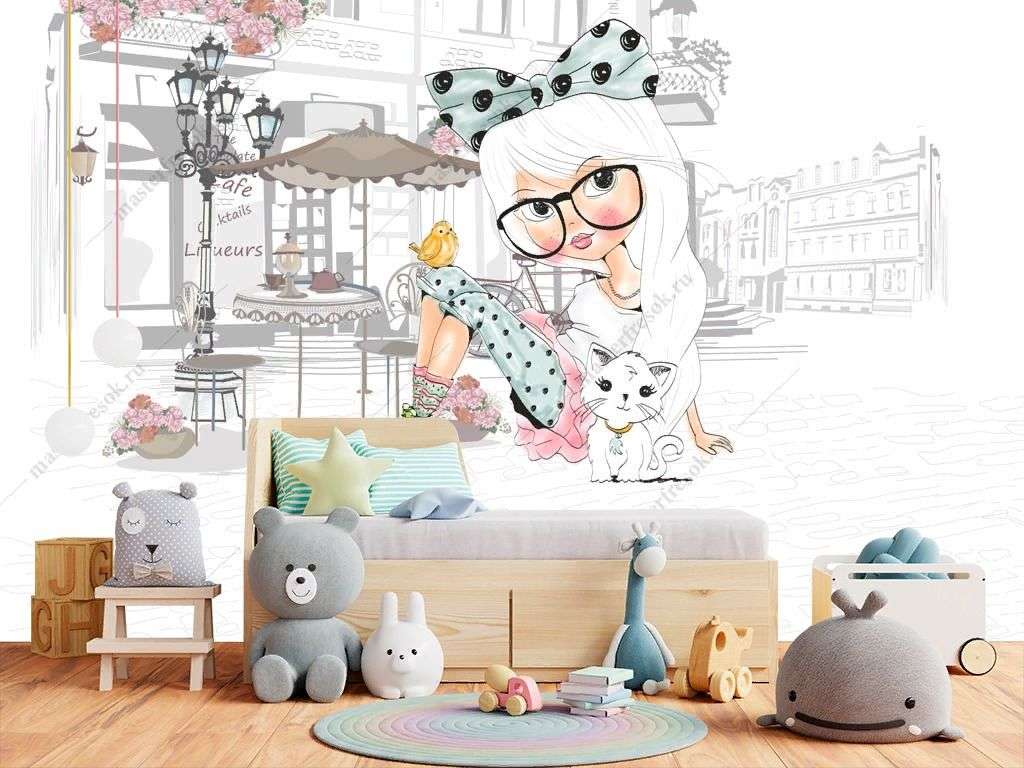 Фотообои в интерьере модная девочка в кафе  14-274 фото