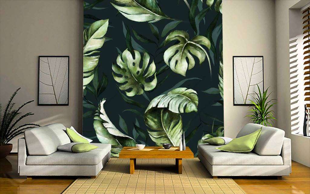 Фотообои в интерьере листья монстеры на черном фоне  9-1211 фото