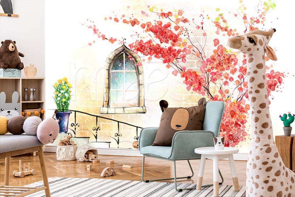 Фотообои в интерьере ветки красного дерева у окна  12-308 фото