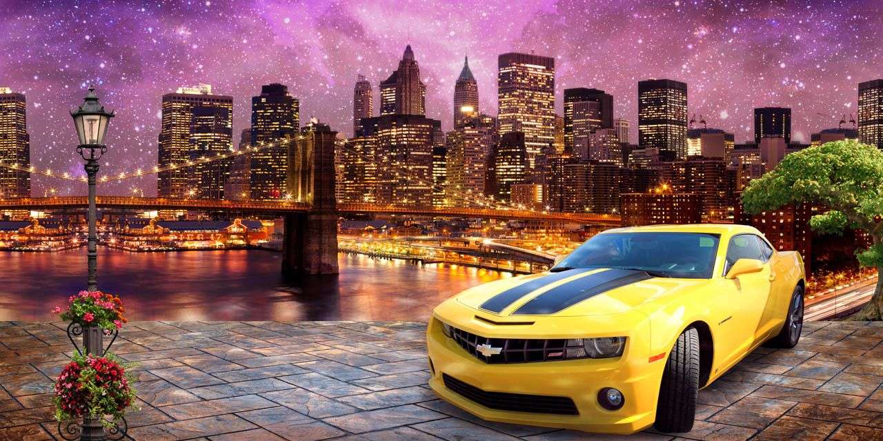 Фотообои в интерьере желтая машина в городе  19-0083 фото