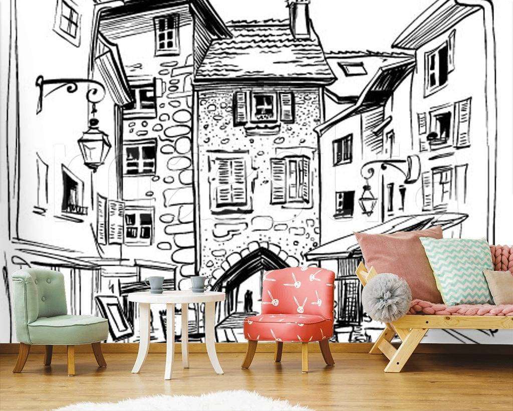 Фотообои в интерьере домики рисунок графика  12-500 фото