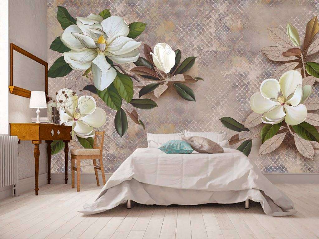 Фотообои в интерьере магнолия на бежевом фоне  10-871 фото
