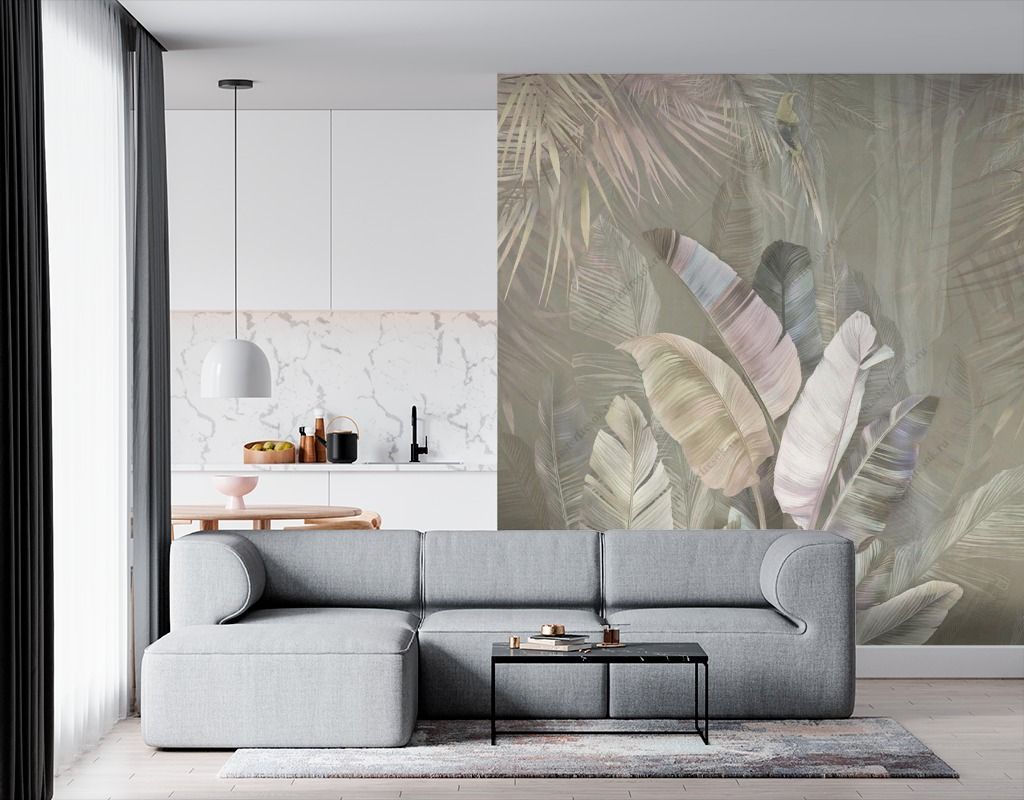 Фотообои Банановые листья и птица на сером фоне  14-622