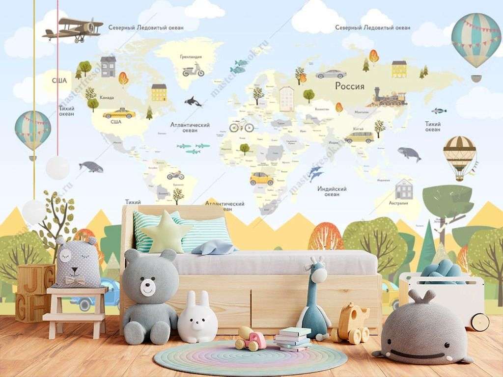 Фотообои в интерьере карта для детей с лесом  14-256 фото