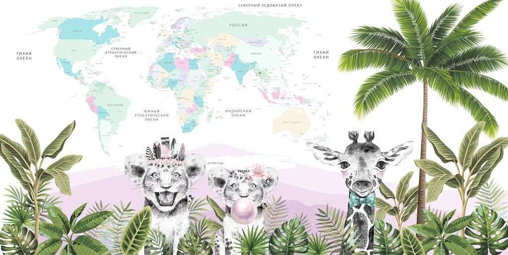 Фотообои в интерьере жираф и весёлые тигрята  14-627 фото