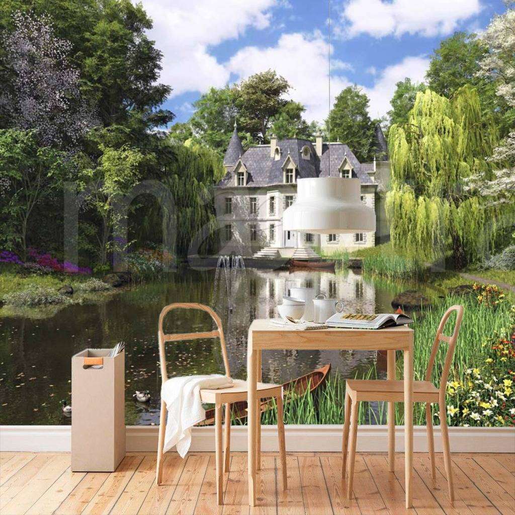 Фотообои в интерьере дом в лесу с озером  8-136 фото