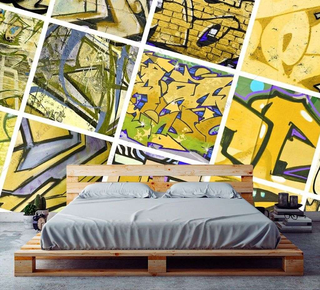 Фотообои в интерьере фрагменты граффити желтые  12-1580 фото
