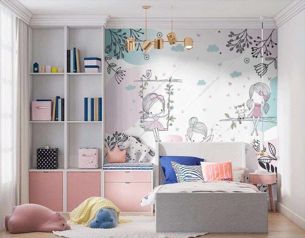 Фотообои в интерьере три феи на прогулке  14-639 фото