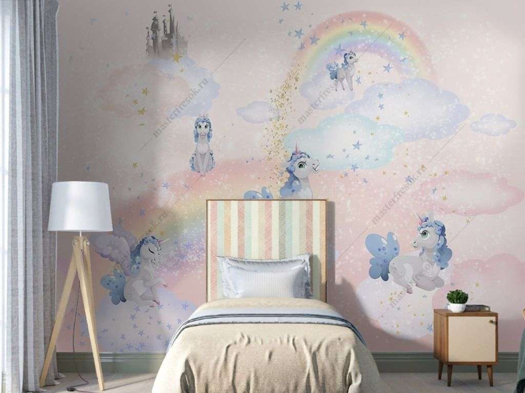Фотообои в интерьере в детскую единороги на облаках   12-1583 фото