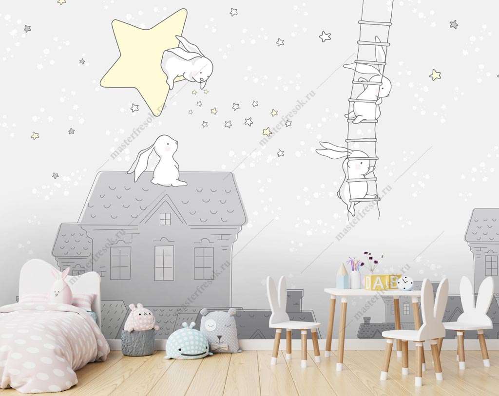 Фотообои в интерьере зайчики на домиках  14-218 фото