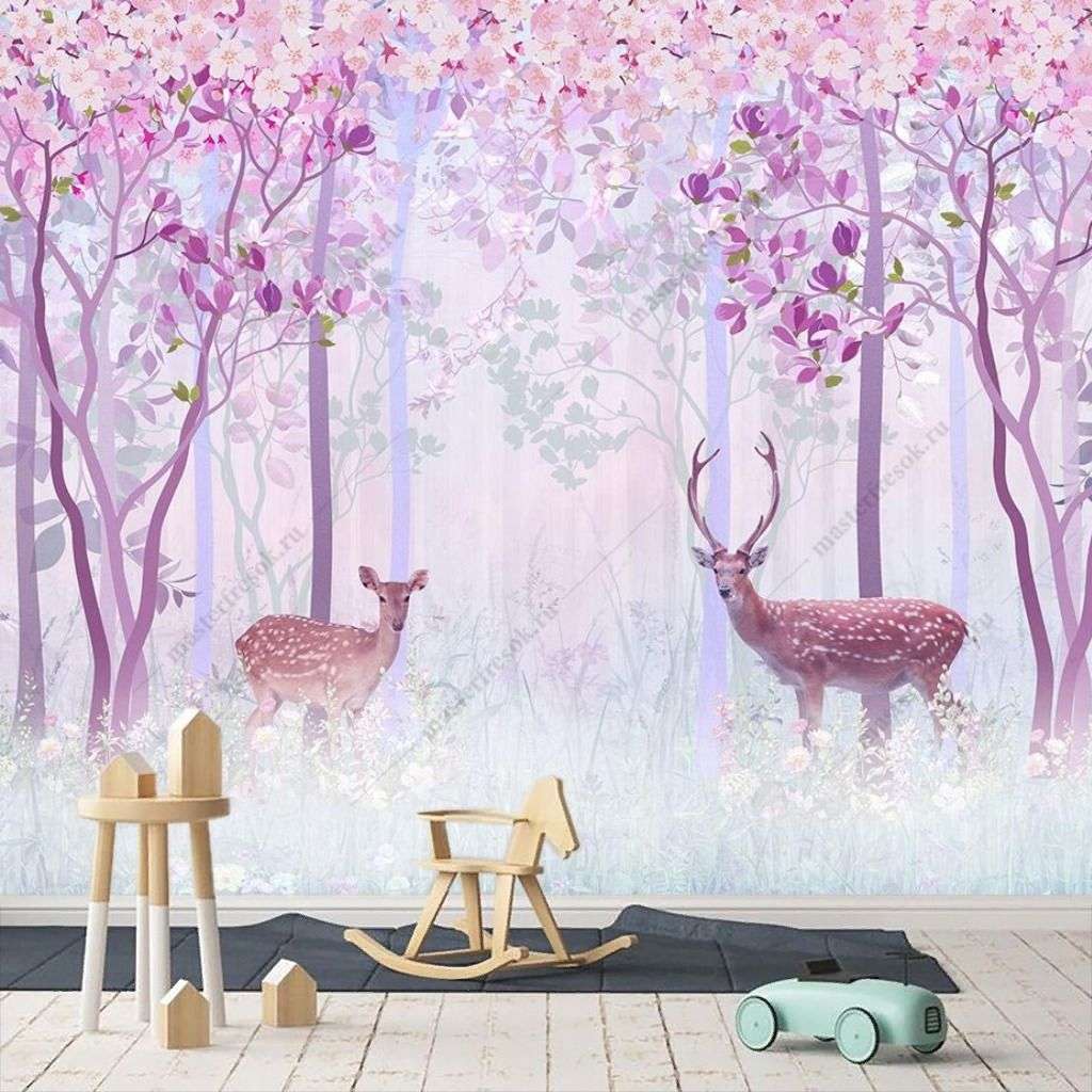 Фотообои в интерьере розовый лес с оленем  12-1484 фото