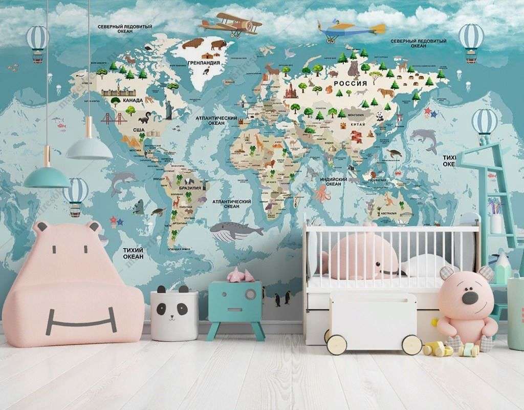 Фотообои в интерьере карта мира яркая  12-1462 фото