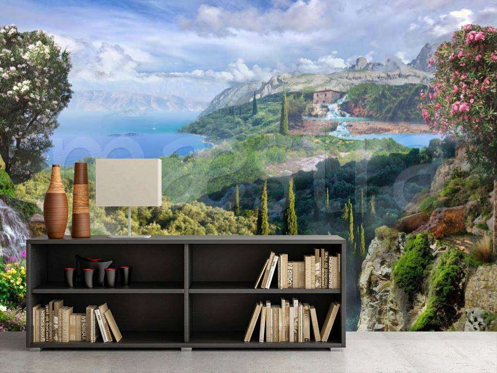 Фотообои в интерьере горный пейзаж с морем  7-085 фото