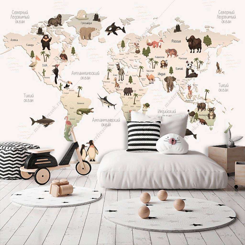 Фотообои в интерьере светлая карта мира  12-1151 фото